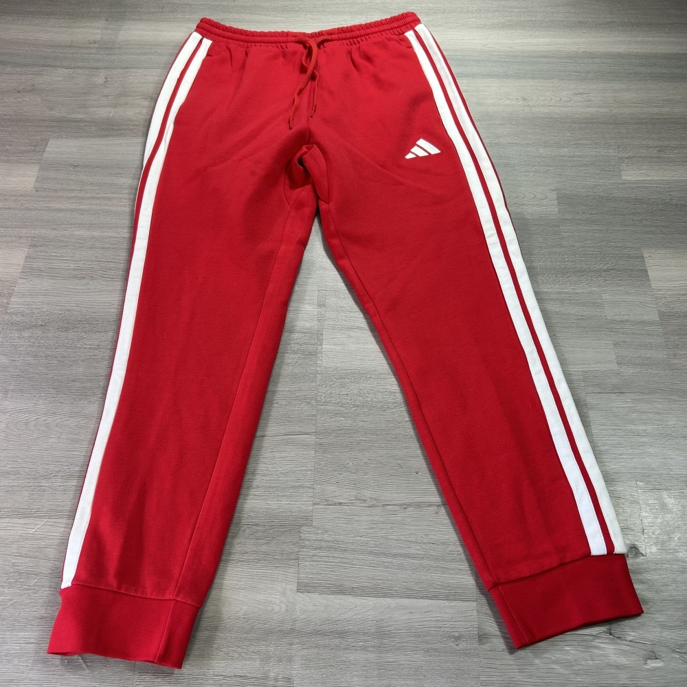 Adidas Sweatpants Mens Medium Red Fleece Jogger Elastic Waist Side Stripe KE6480